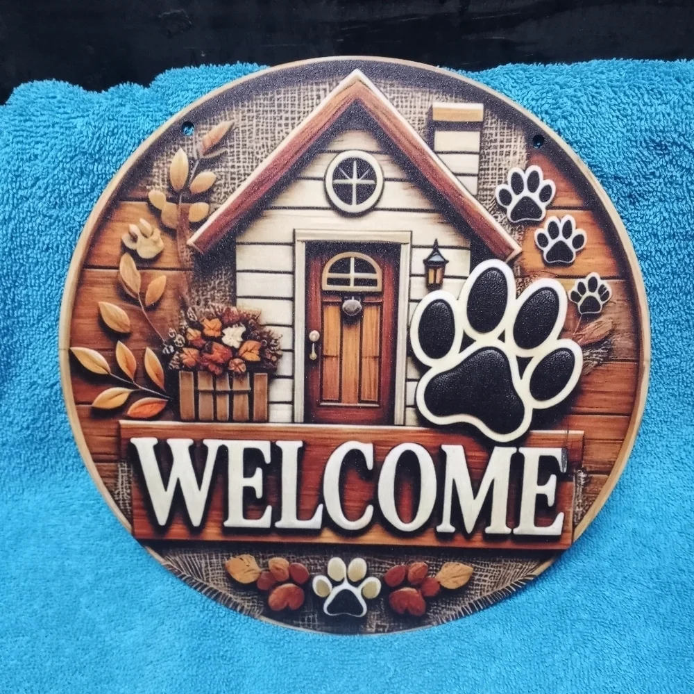 Rustic Welcome Sign with Paw Print Design Wood.